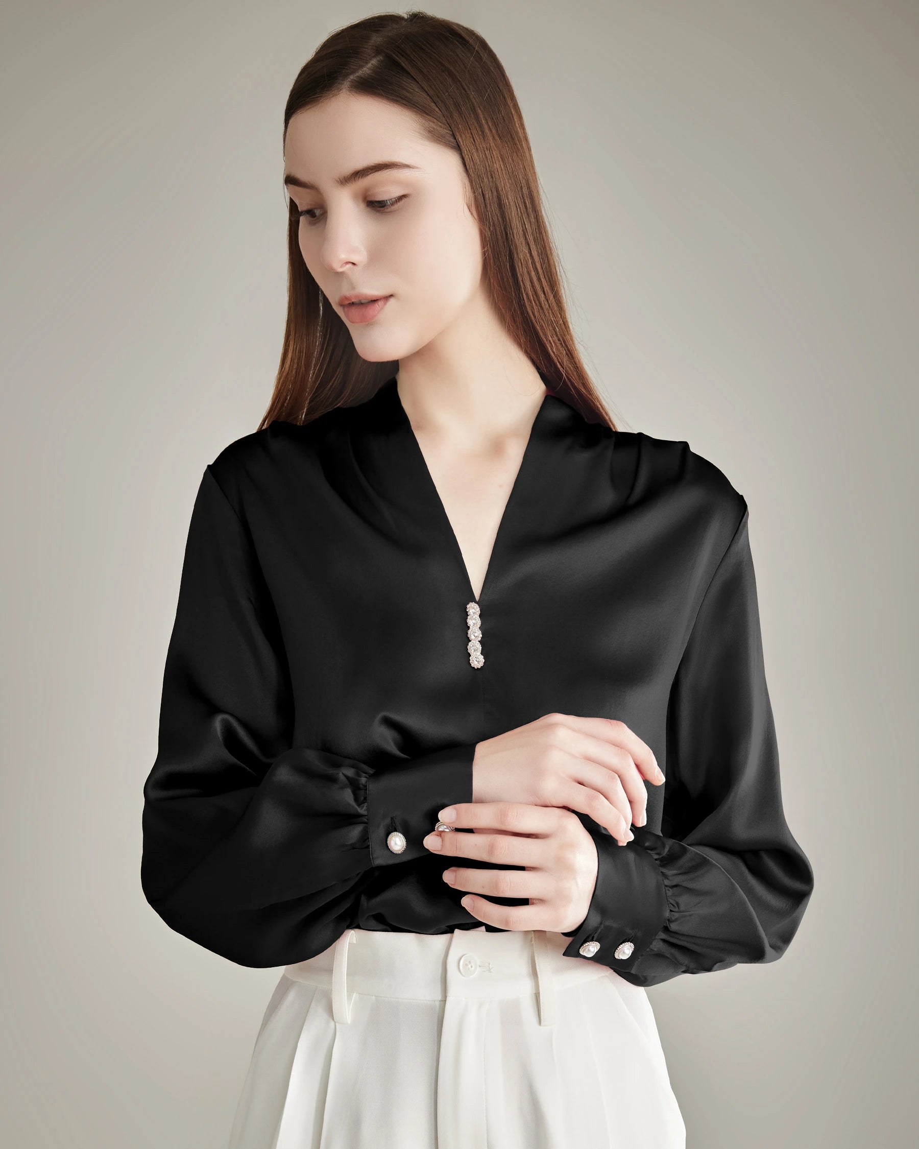 Women's Rhinestone Buttons Silk Blouse