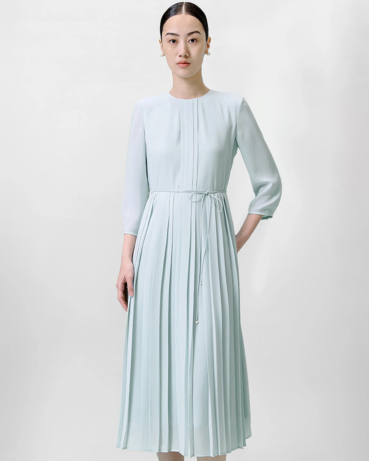 Pleated 3/4 Sleeve Silk Dress