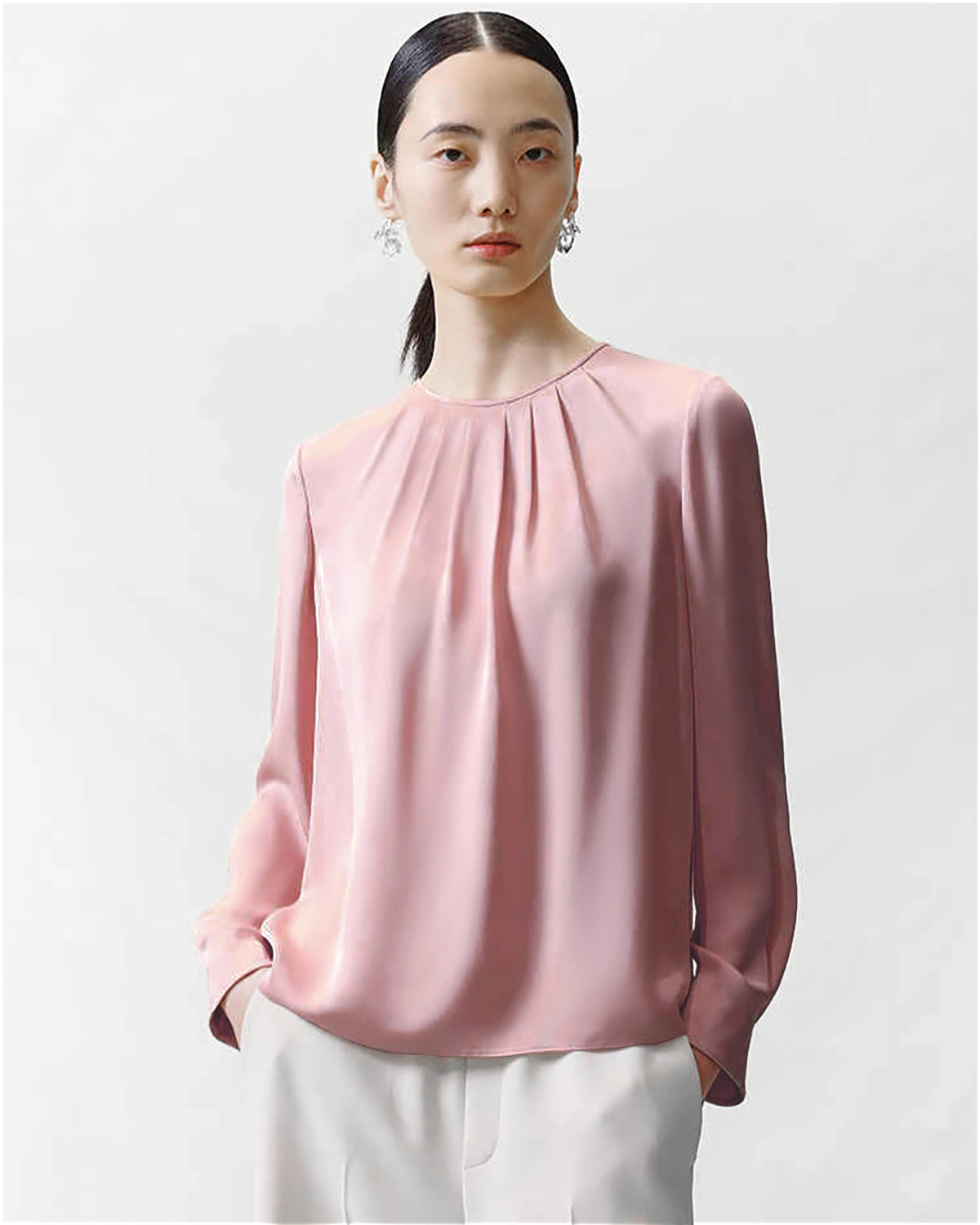 Crew Neck Pleated Silk Blouse Crew Neck Pleated Silk Blouse