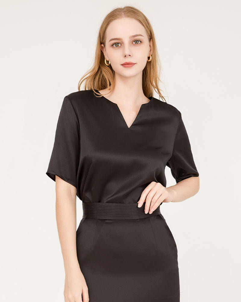 V-Neck Silk Blouse and Silk Midi Skirt Set