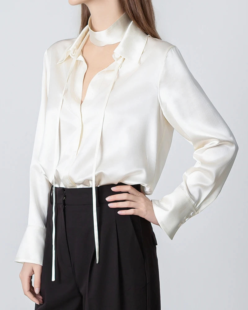 Women's Loose Tie Neck Silk Shirt