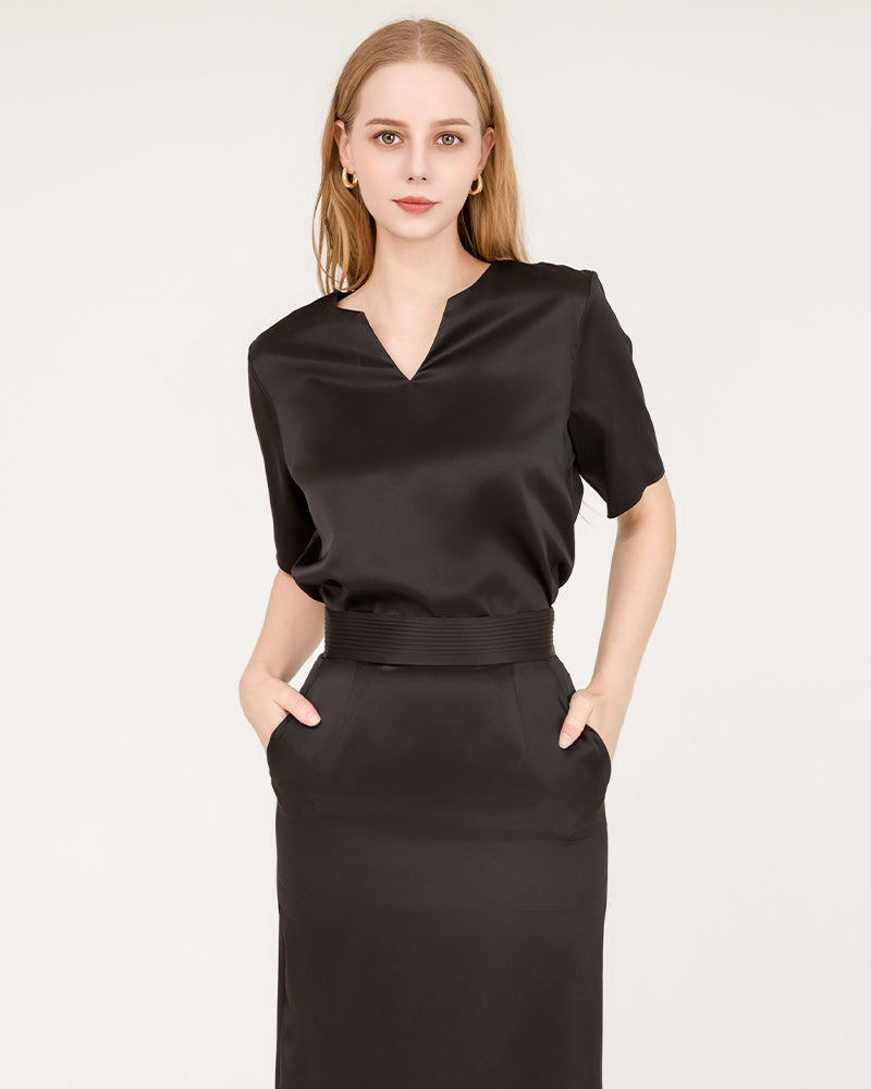 V-Neck Silk Blouse and Silk Midi Skirt Set