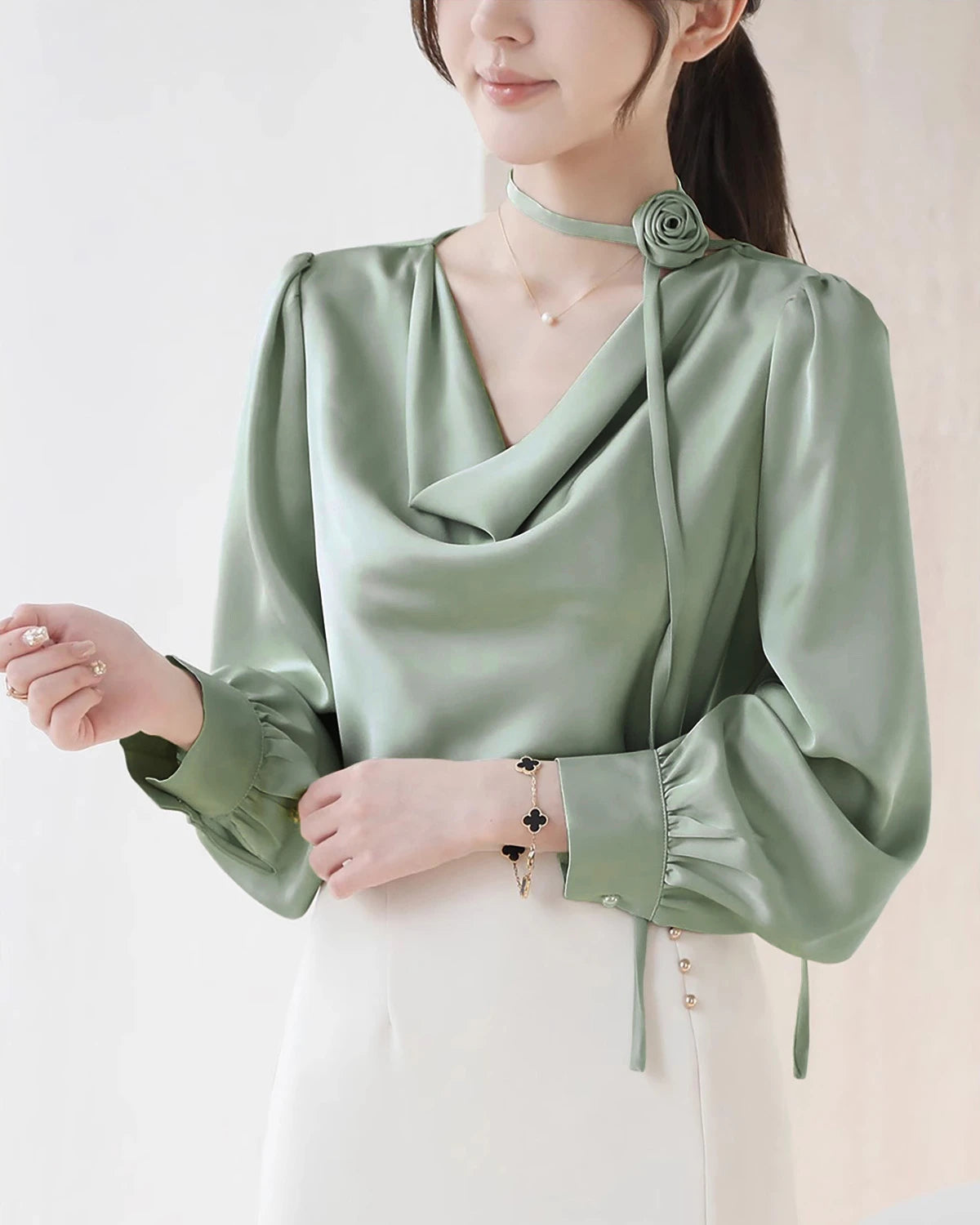 Elegant Draped Collar Silk Blouse Elegant Draped Collar Silk Blouse