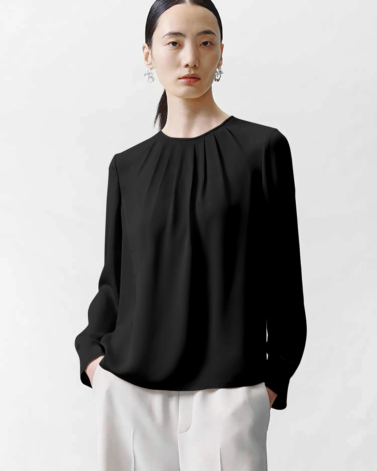 Crew Neck Pleated Silk Blouse Crew Neck Pleated Silk Blouse