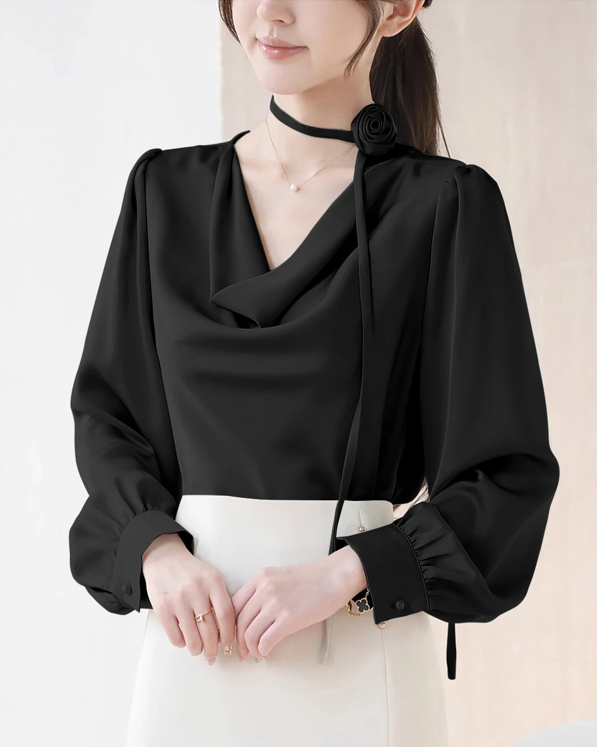 Elegant Draped Collar Silk Blouse Elegant Draped Collar Silk Blouse