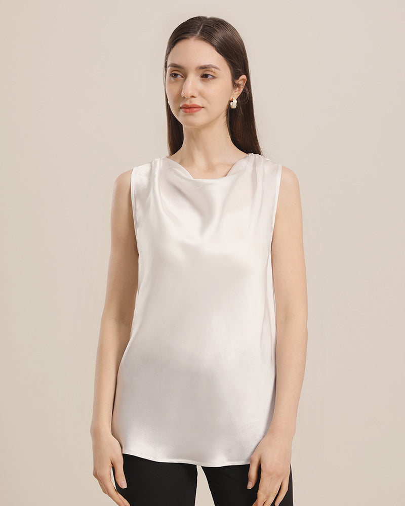 Sleeveless Silk Cowl Neck Top