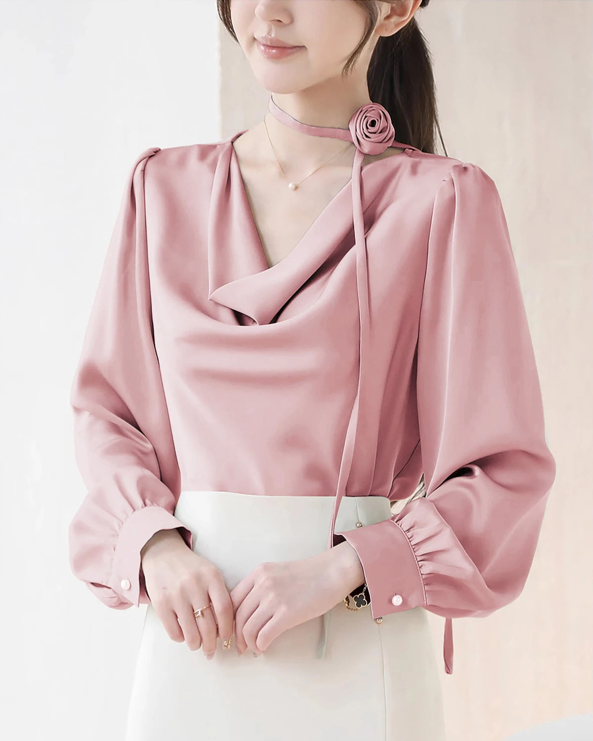 Elegant Draped Collar Silk Blouse Elegant Draped Collar Silk Blouse