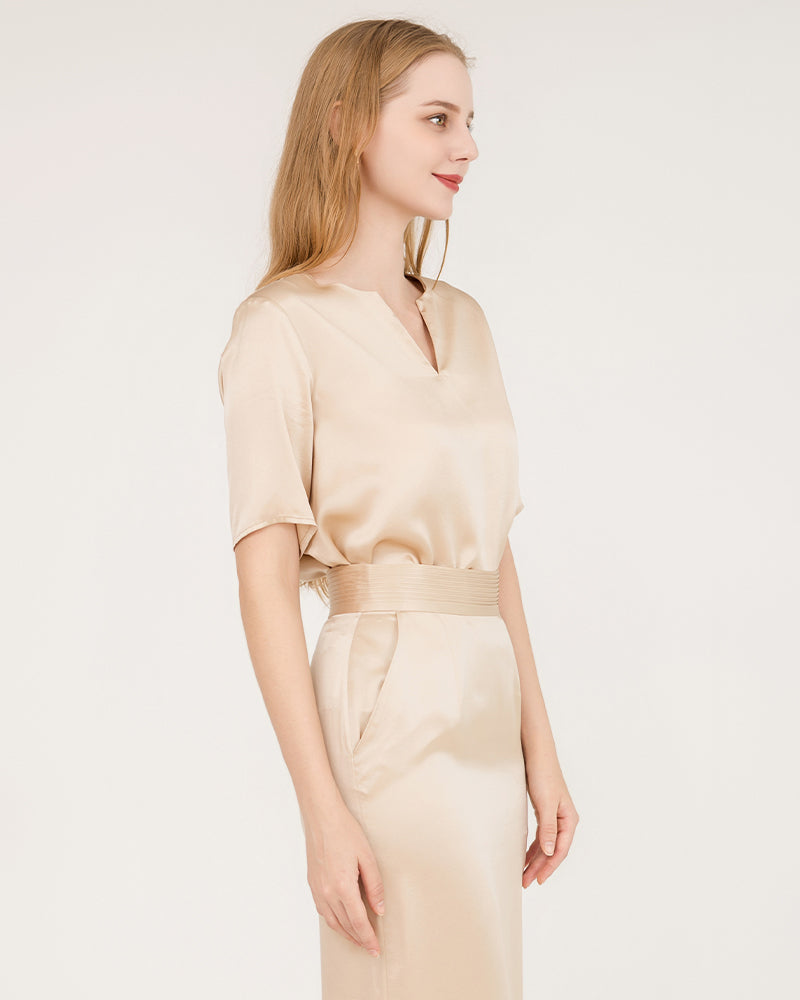 V-Neck Silk Blouse and Silk Midi Skirt Set