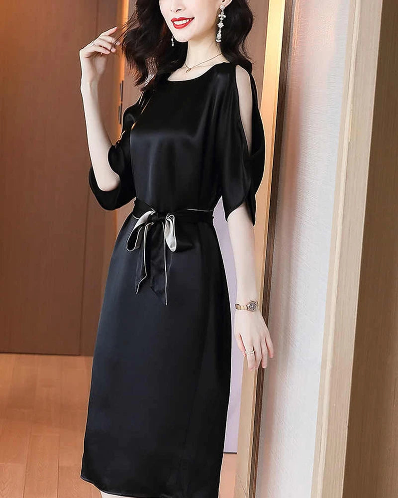 Belted Silk Midi Dress with Slit Shoulders Belted Silk Midi Dress with Slit Shoulders