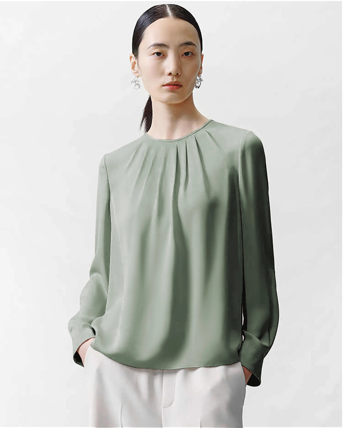 Crew Neck Pleated Silk Blouse Crew Neck Pleated Silk Blouse