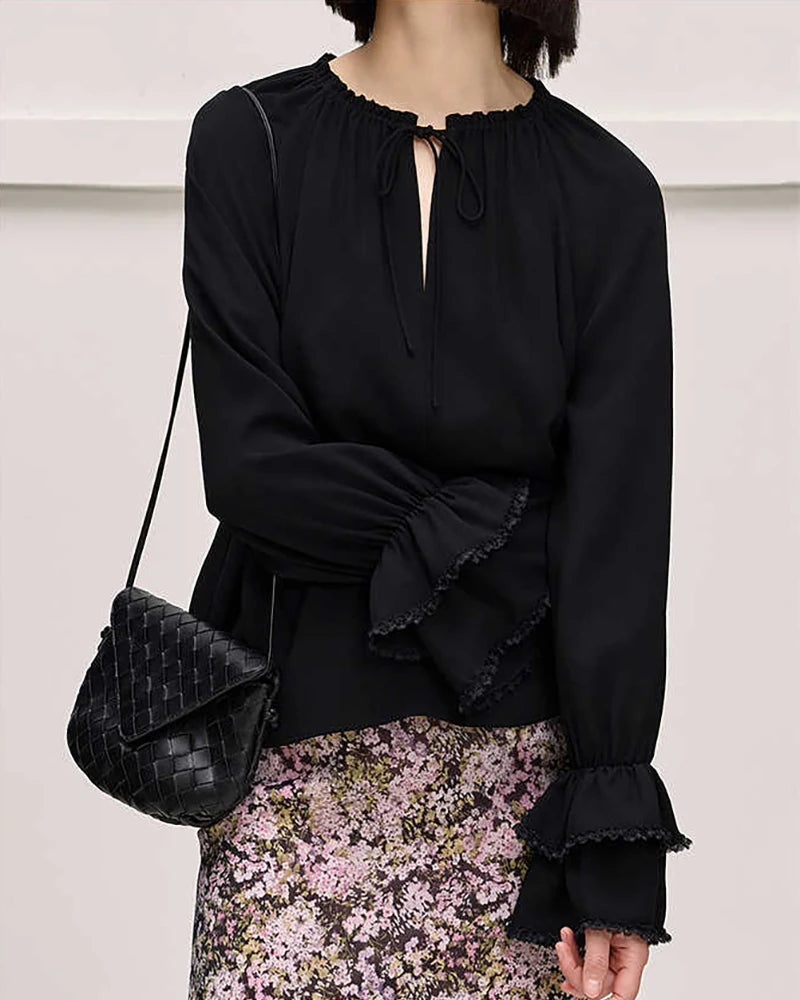 Ruffled Sleeve Tie Front Silk Blouse