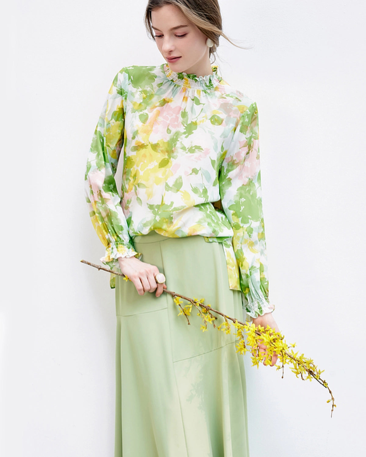 Floral Silk Blouse with Ruffles