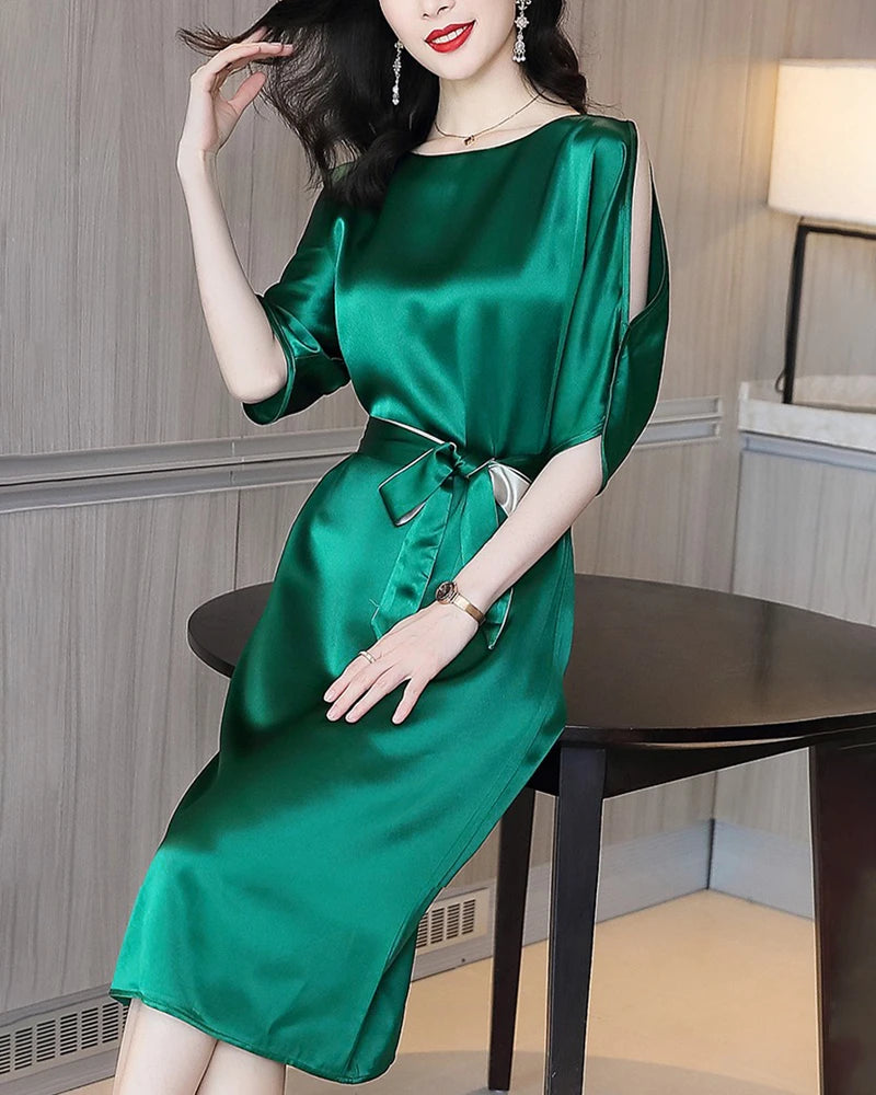 Belted Silk Midi Dress with Slit Shoulders Belted Silk Midi Dress with Slit Shoulders