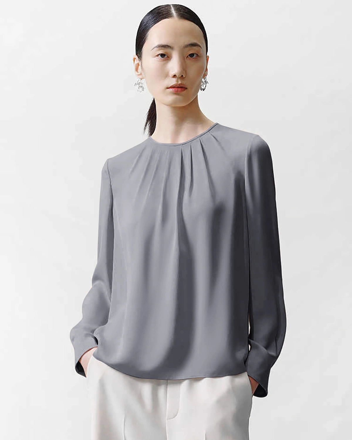 Crew Neck Pleated Silk Blouse Crew Neck Pleated Silk Blouse