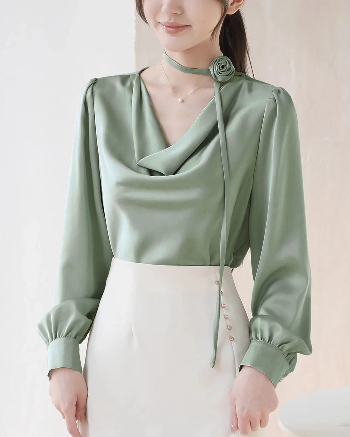 Elegant Draped Collar Silk Blouse Elegant Draped Collar Silk Blouse